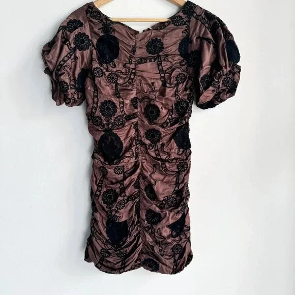 Free People Ruched Embroidered Puff Sleeve Mini Dress  XS - Picture 6 of 9